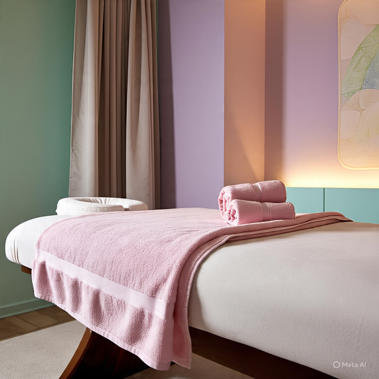 Lotus Wellnesses treatment room with massage bed and soft pink towels